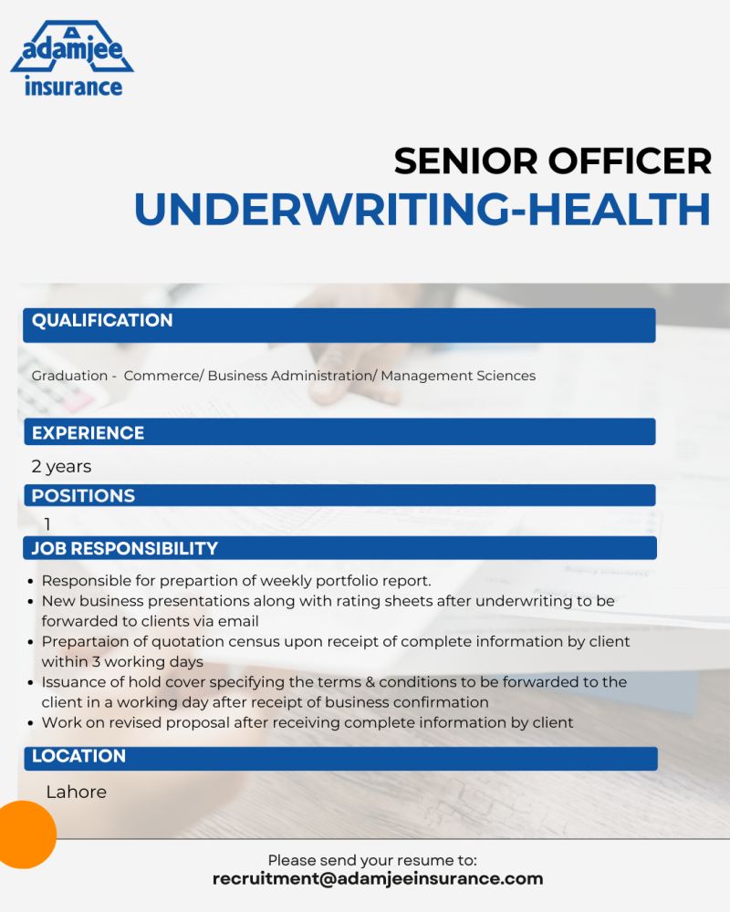 Adamjee Insurance Company Jobs Senior Officer Underwriting Health 1