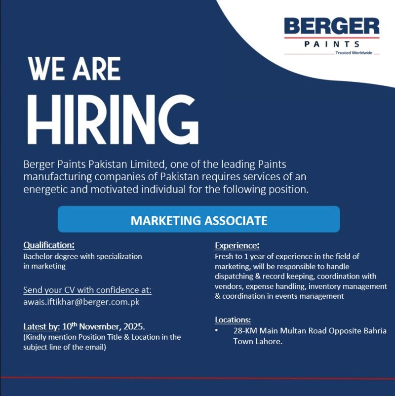 Berger Paints Pakistan Jobs Marketing Associate 1