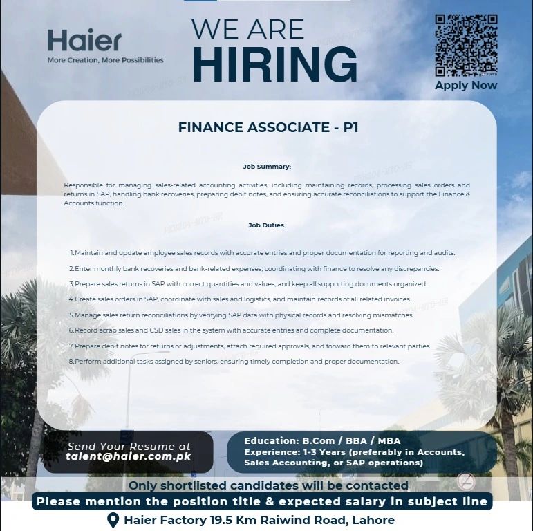 Haier Pakistan Jobs Finance Associate P1 1