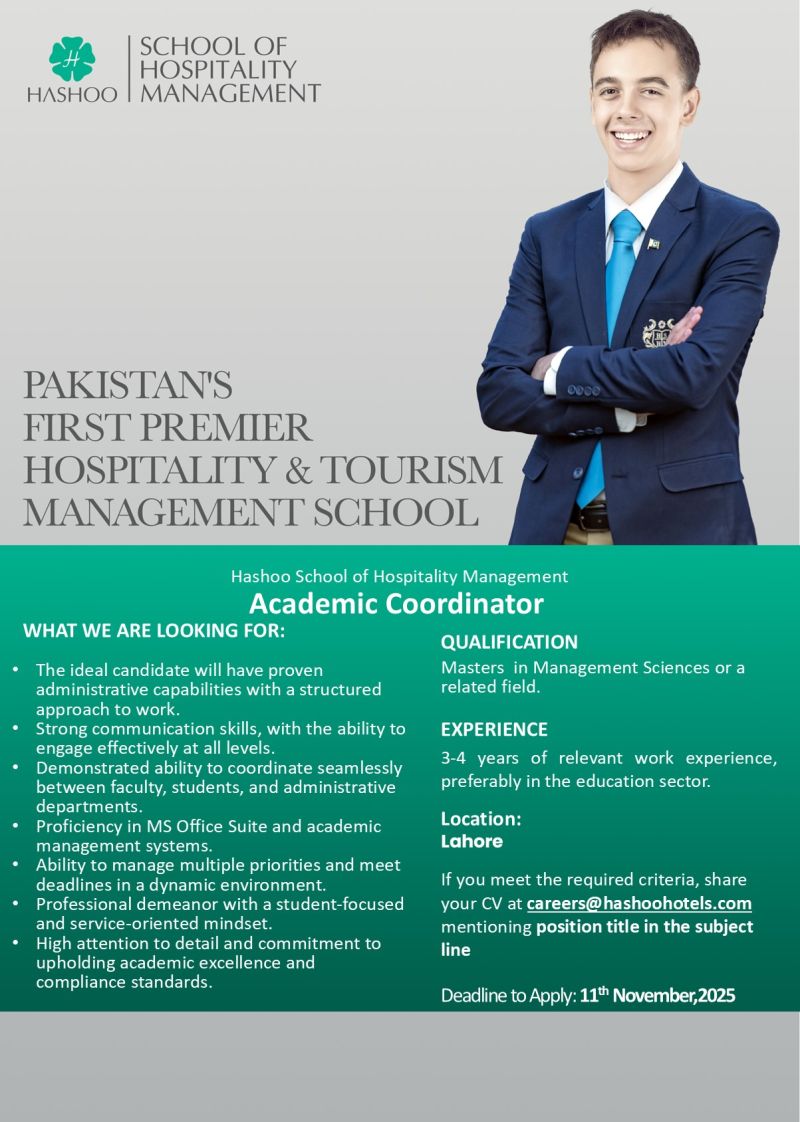 Hashoo School of Hospitality Management Jobs Academic Coordinator 1