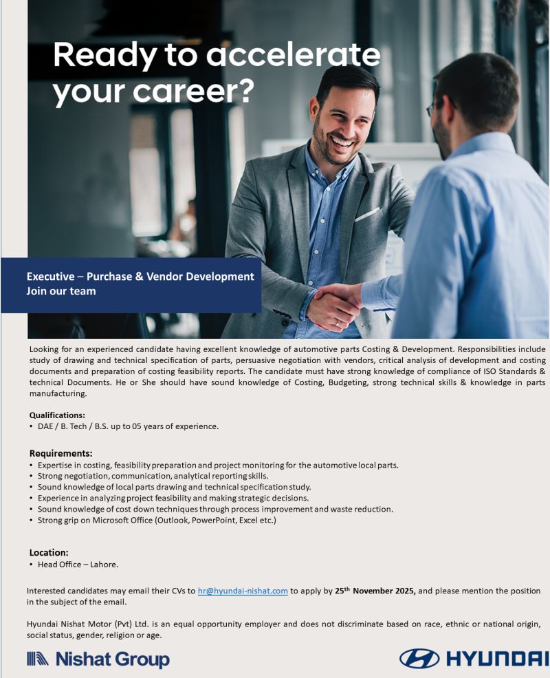 Hyundai Nishat Motor Pvt Ltd Jobs Executive Purchase & Vendor Development 1