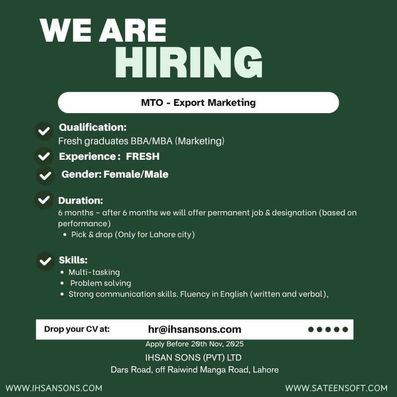 Ihsan Sons Pvt Ltd Jobs MTO Export Marketing 1