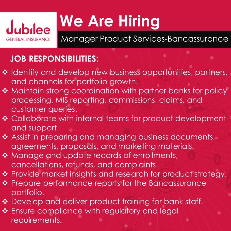 Jubilee General Insurance Jobs Manager Product Services Bancassurance 1