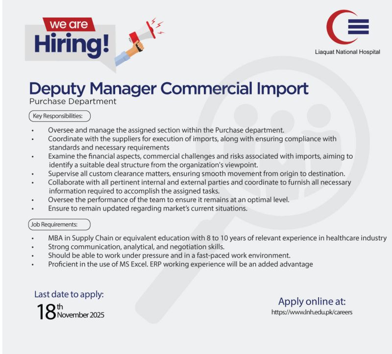 Liaquat National Hospital LNH Jobs Deputy Manager Commercial Import 1