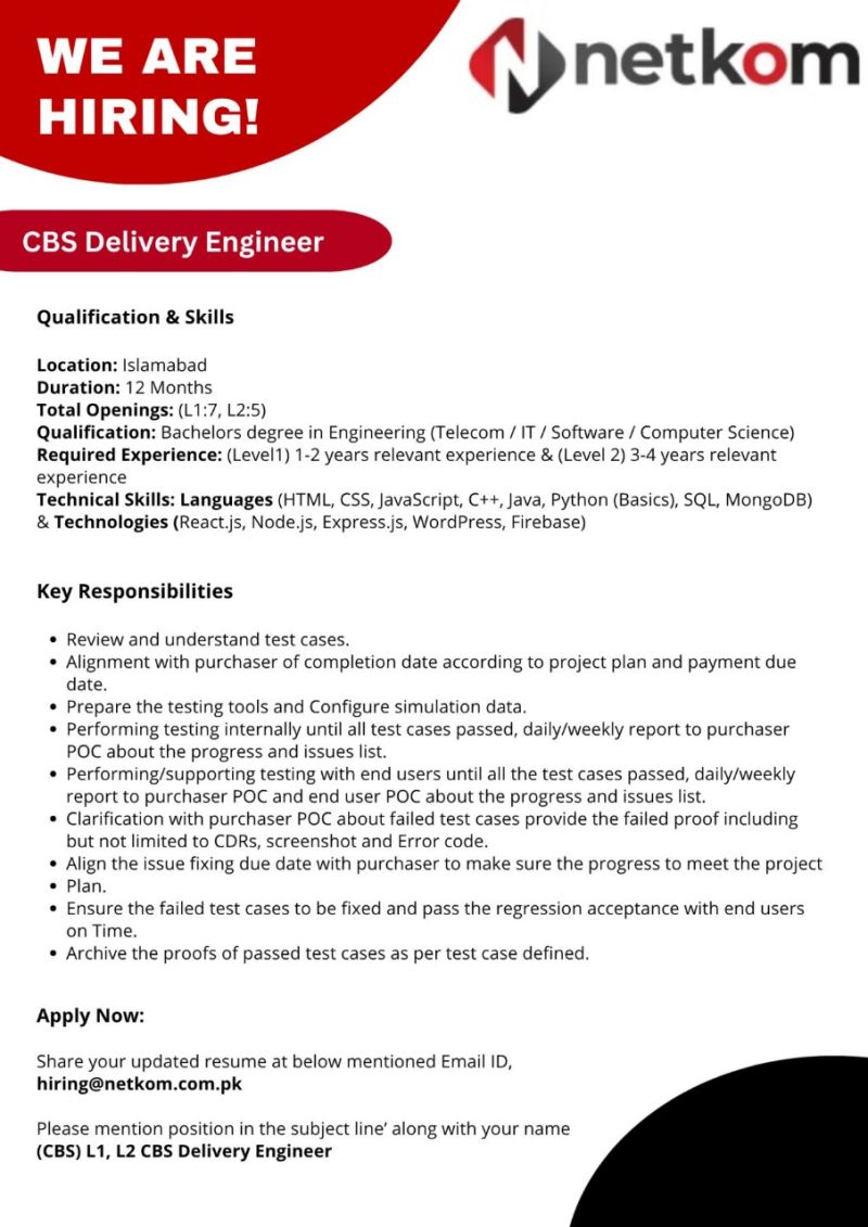Netkom Technologies Jobs CBS Delivery Engineer 1