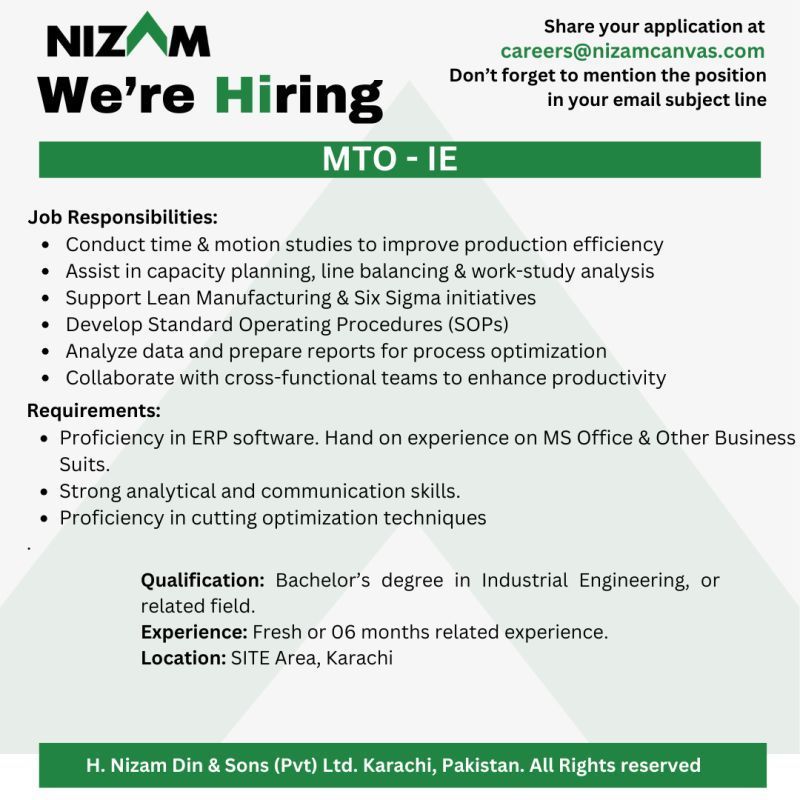 H Nizam Din & Sons (Pvt) Ltd Jobs MTO Industrial Engineering 1