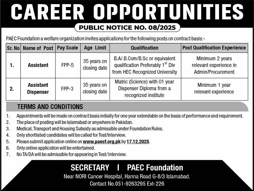PAEC Foundation Jobs 30 November 2025 Express 1