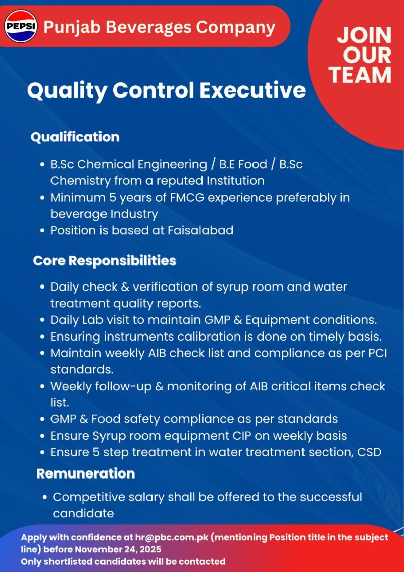 PEPSI Punjab Beverages Company Jobs Quality Control Executive 1