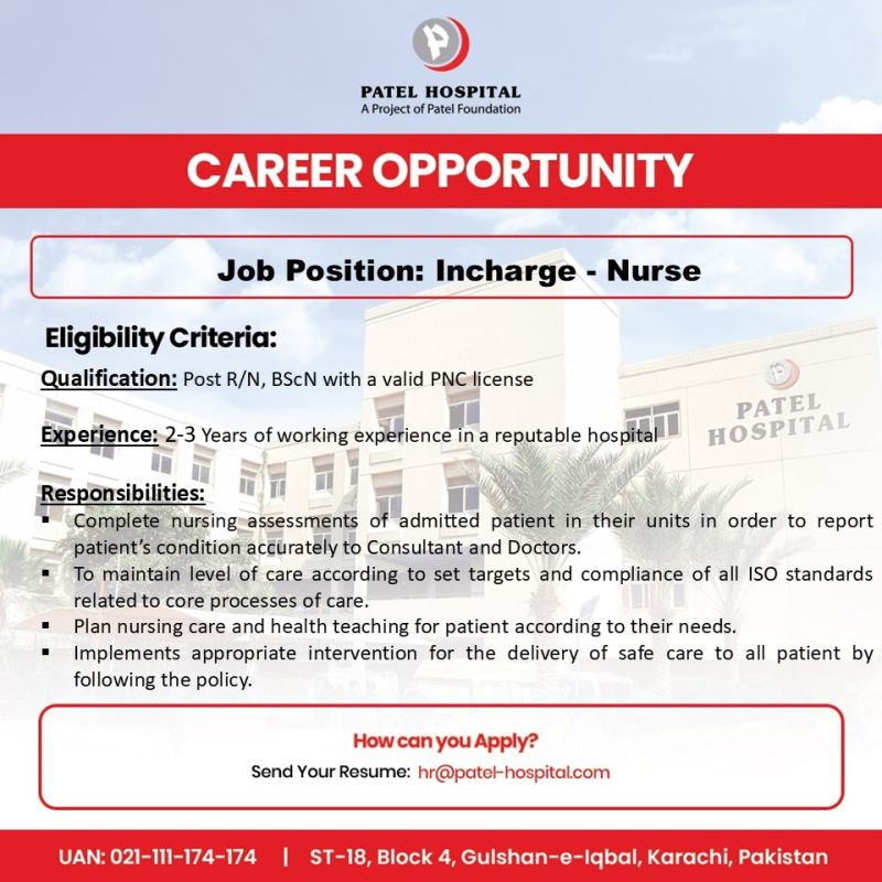Patel Hospital Jobs Incharge Nurse 1