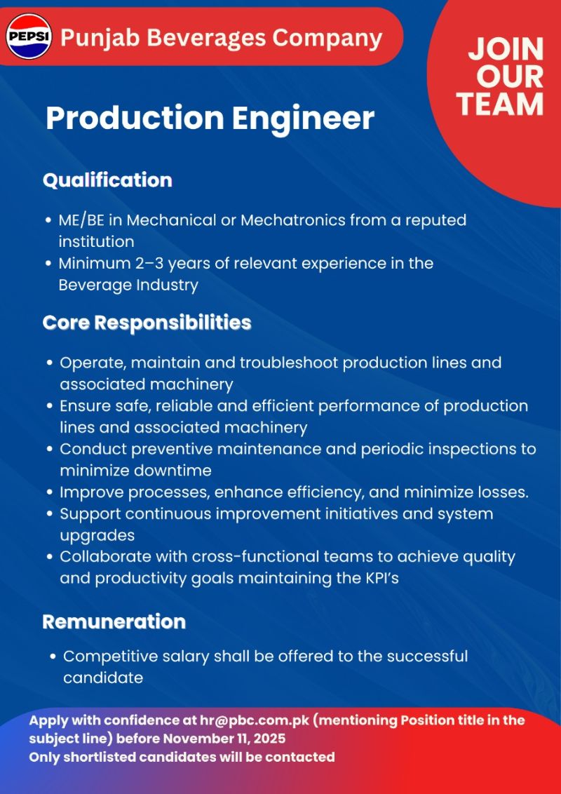 Punjab Beverages Company Jobs Production Engineer 1
