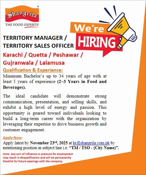 Shangrila Foods (Private) Limited Jobs Territory Manager / Territory Sales Officer 1