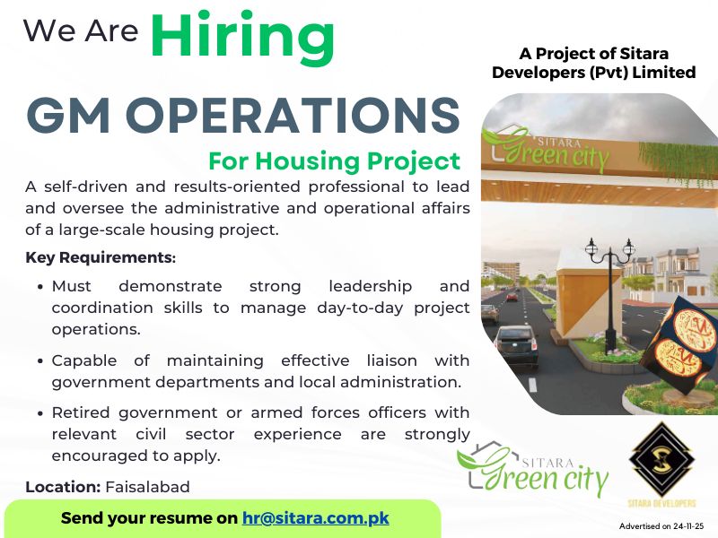 Sitara Developers (Pvt) Limited Jobs GM Operations 1