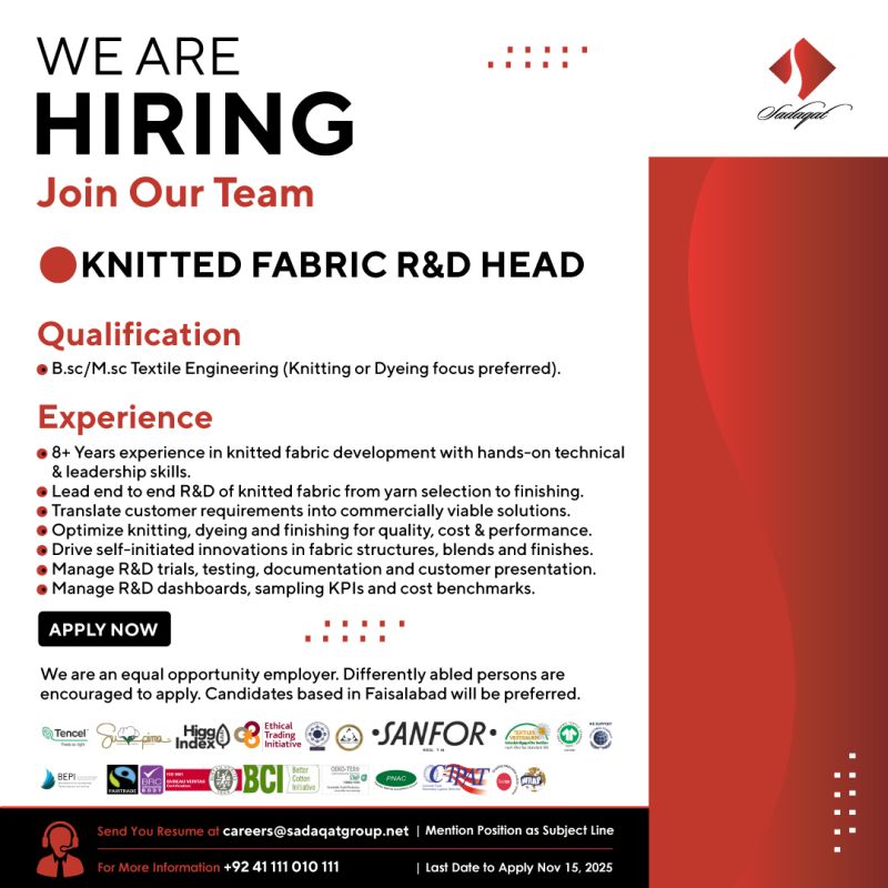 Sadaqat Limited Jobs Knitted Fabric R&D Head 1