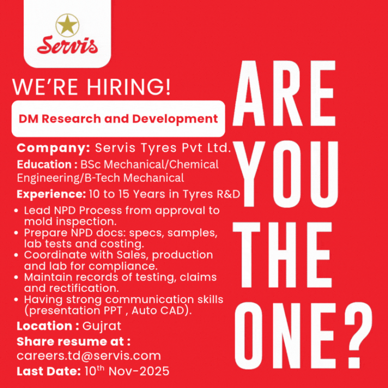 Servis Tyres Pvt Ltd Jobs Deputy Manager Research and Development 1