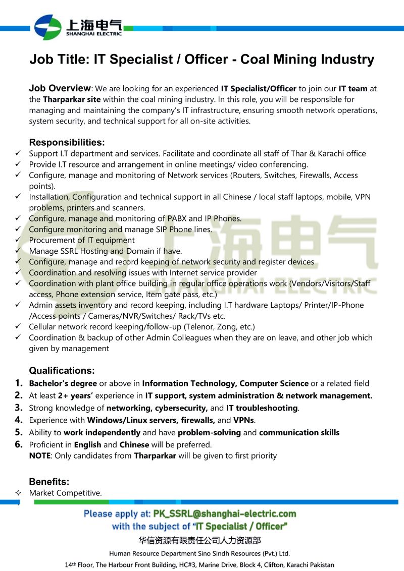 Shanghai Electric Jobs IT Specialist / Officer 1