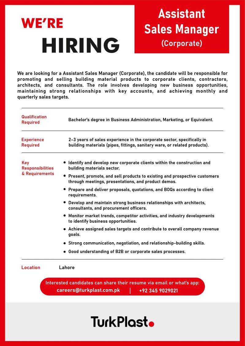 Turkplast Pvt Ltd Jobs Assistant Sales Manager 1