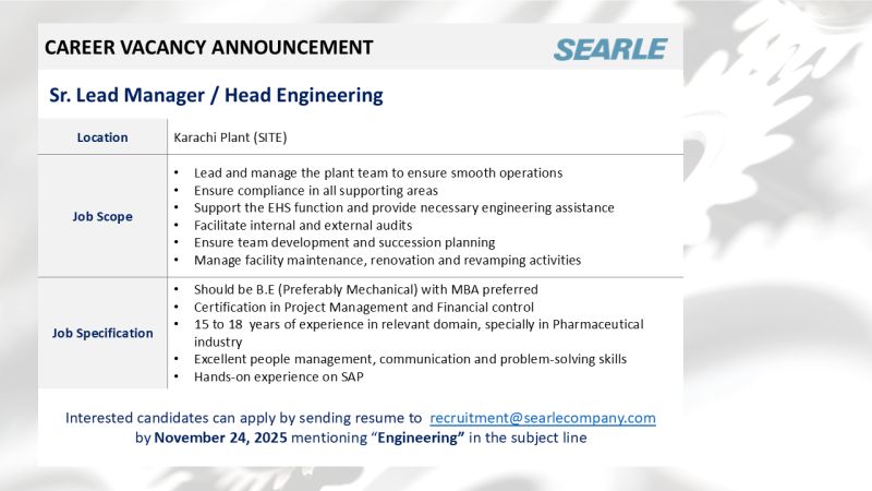 The SEARLE Company Jobs Sr Lead Manager / Head Engineering 1