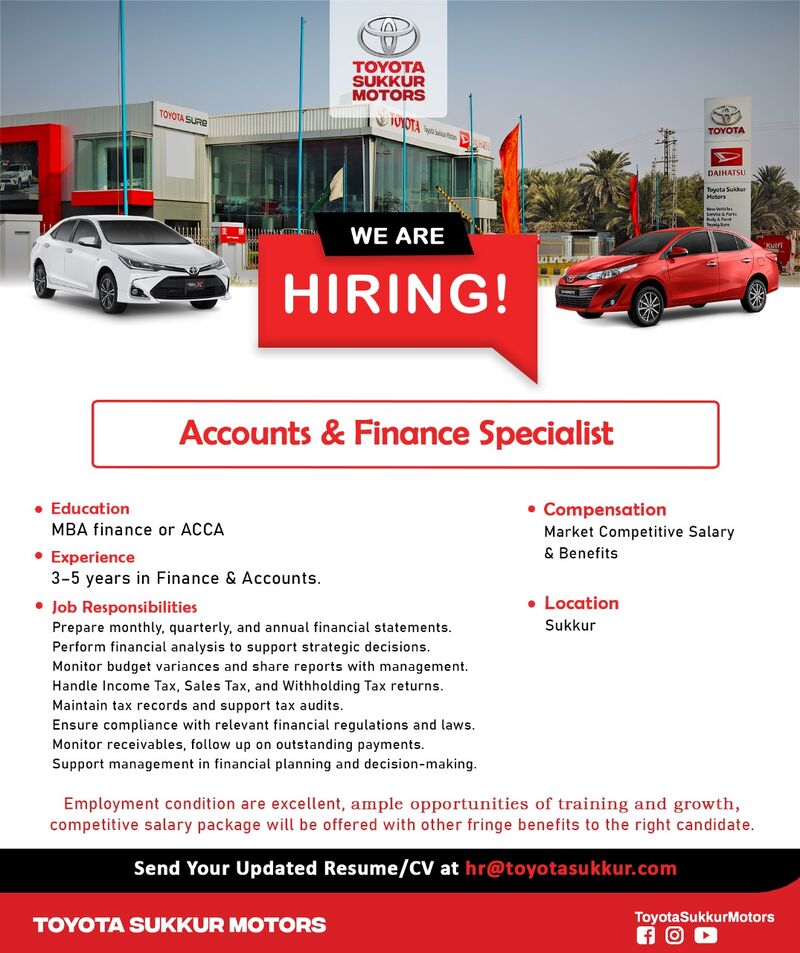 Toyota Sukkur Motors Jobs Accounts & Finance Specialist 1