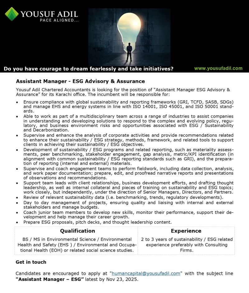 Yousuf Adil Chartered Accountants Jobs Assistant Manager ESG Advisory & Assurance 1