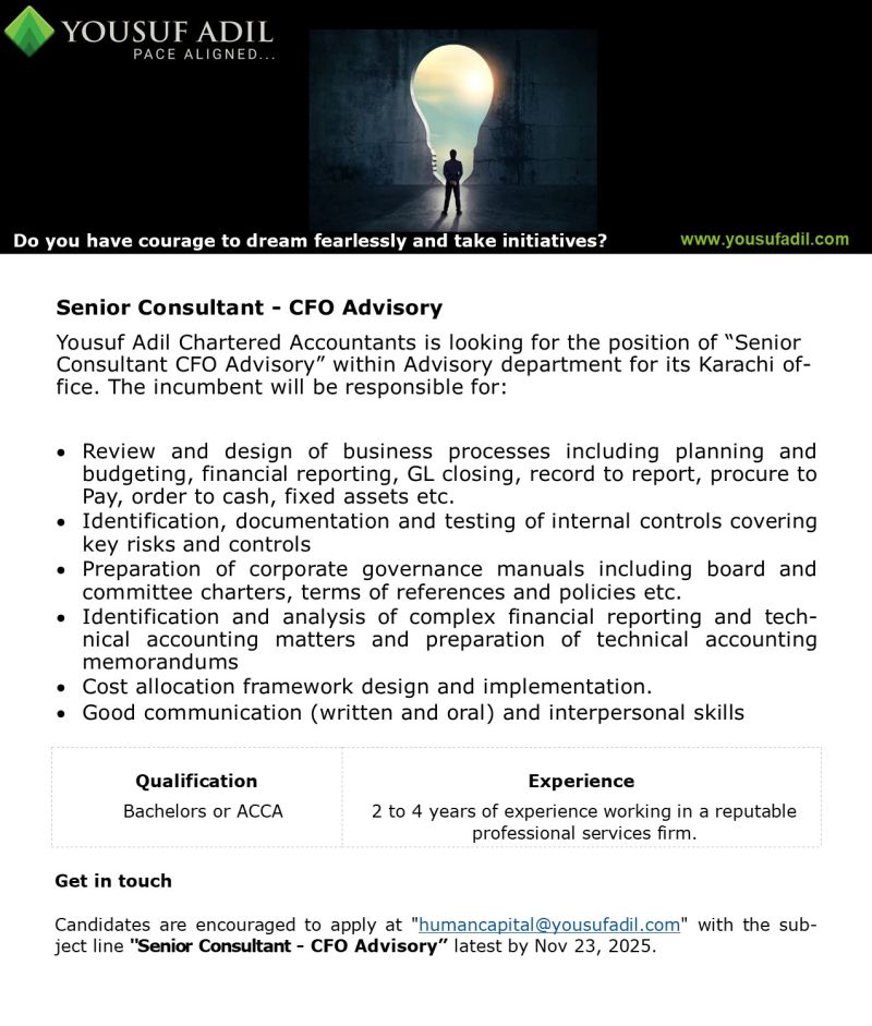 Yousuf Adil Chartered Accountants Jobs Senior Consultant CFO Advisory 1