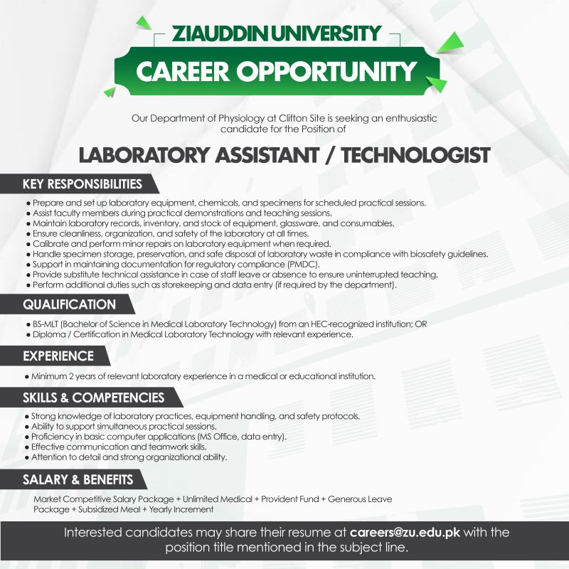 Ziauddin University Jobs Laboratory Assistant / Technologist 1