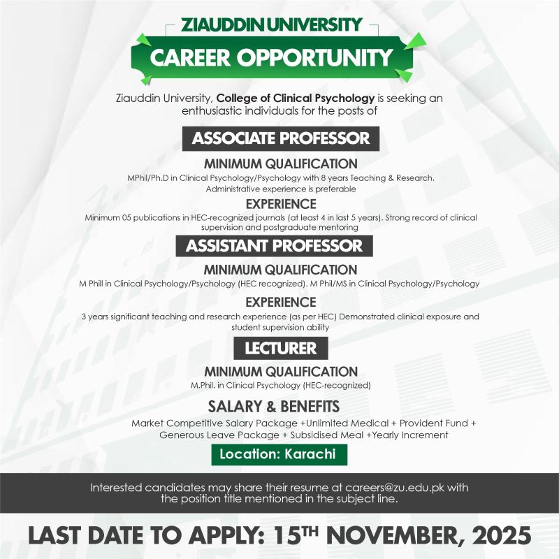 Ziauddin University Jobs November 2025 1