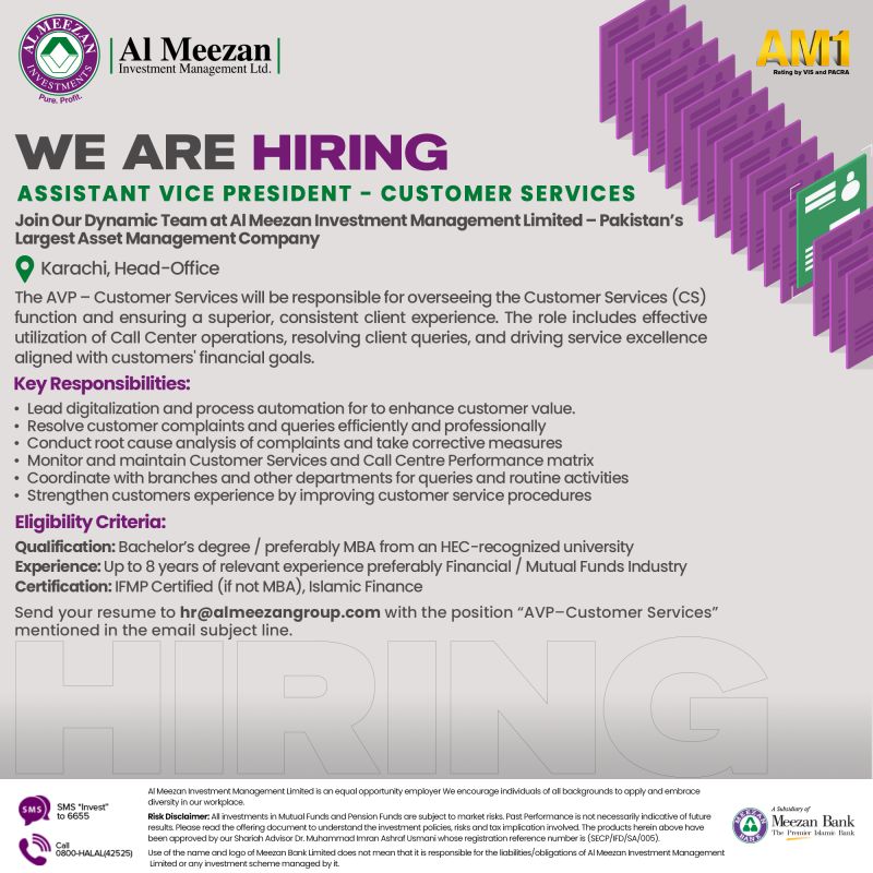 AL Meezan Investment Management Ltd Jobs Assistant Vice President Customer Services 1