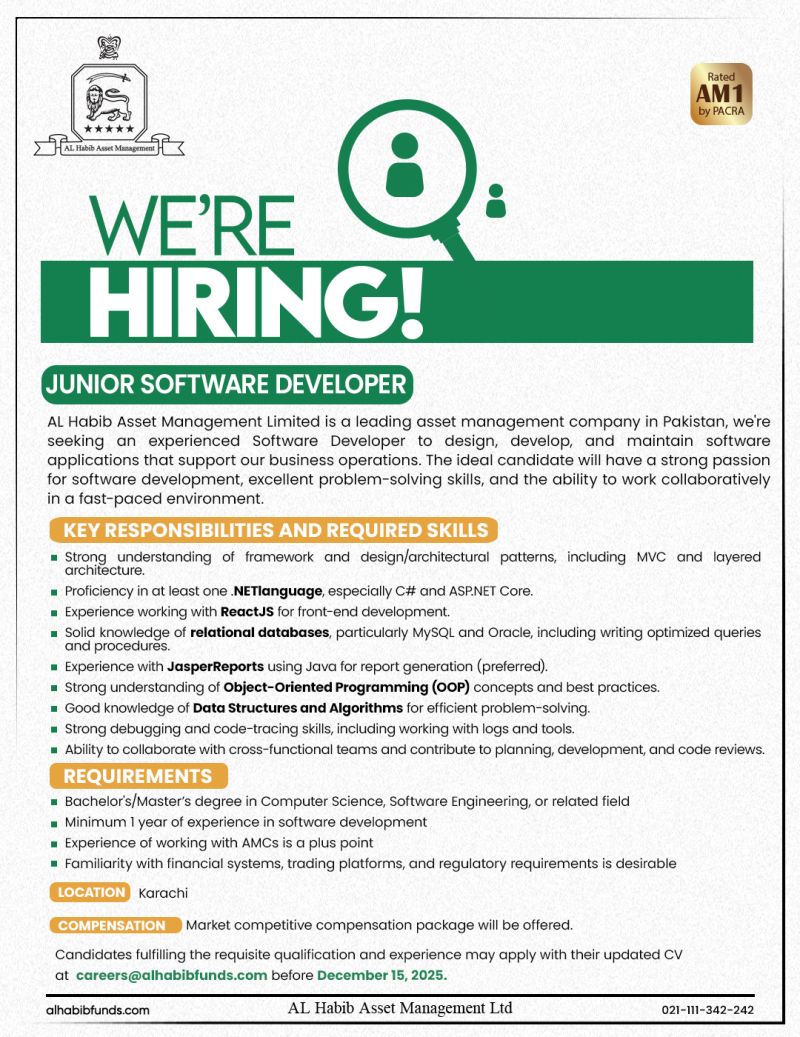AL Habib Asset Management Limited Jobs Junior Software Developer 1