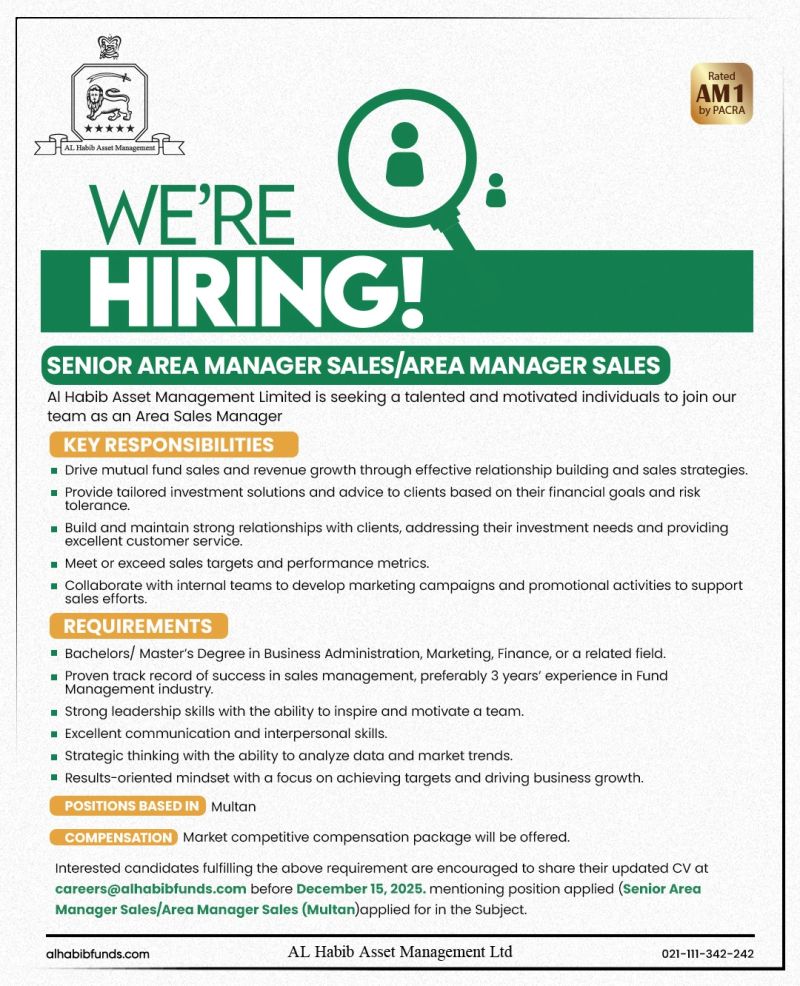 AL Habib Asset Management Limited Jobs Senior Area Manager Sales / Area Manager Sales 1
