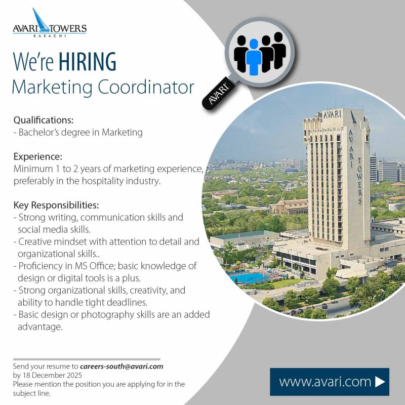 Avari Hotel Jobs Marketing Coordinator 1