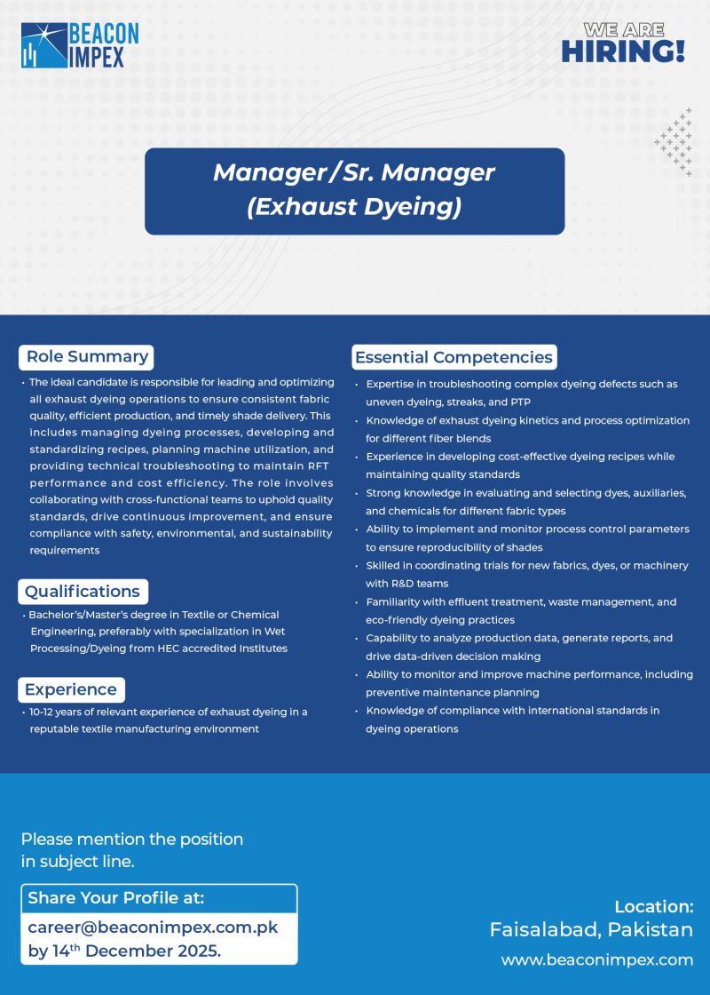 Beacon Impex (Pvt) Ltd Jobs Manager / Sr Manager (Exhaust Dyeing) 1