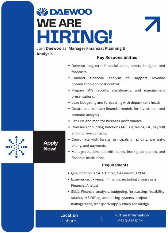 Daewoo Pakistan Jobs Manager Financial Planning & Analysis 1