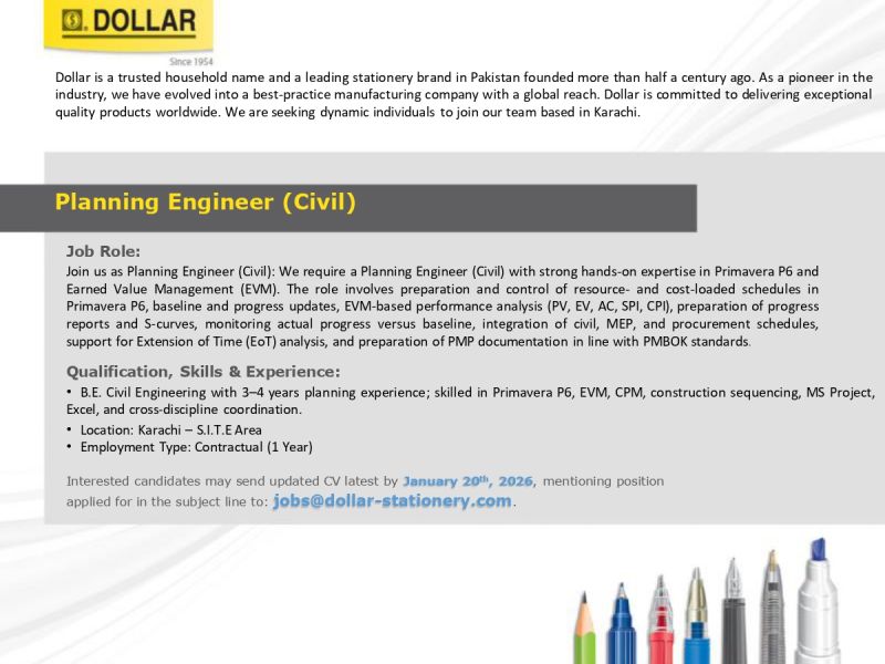 Dollar Stationery Pvt Ltd Jobs Planning Engineer (Civil) 1