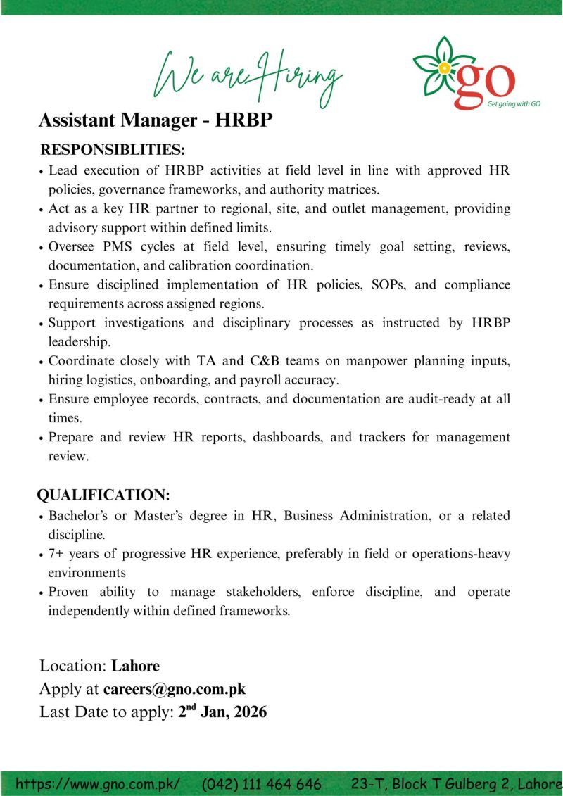 Gas & Oil Pakistan (GO) Jobs Assistant Manager HRBP 1