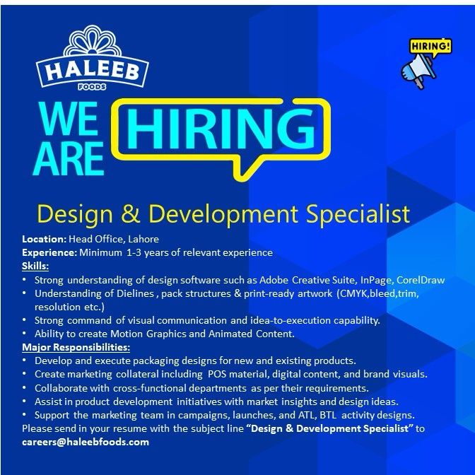 Haleeb Foods Pvt Ltd Jobs Design & Development Specialist 1