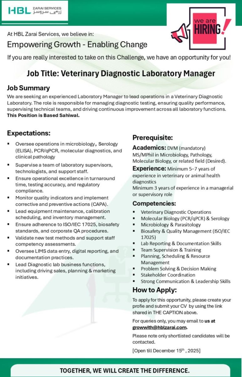 HBL Zarai Services Limited Jobs Veterinary Diagnostic Laboratory Manager 1