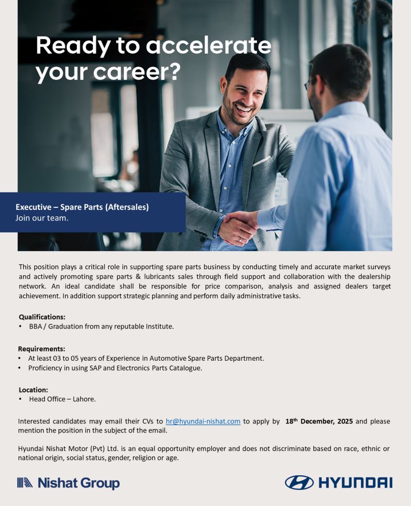 Hyundai Nishat Motor Pvt Ltd Jobs Executive Spare Parts (Aftersales) 1