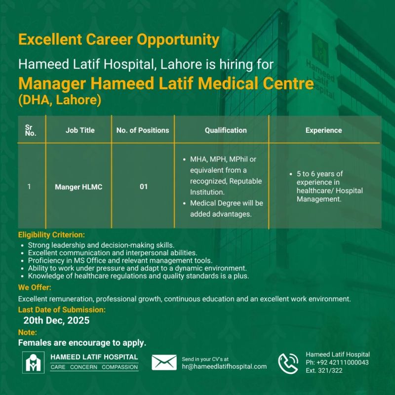 Hameed Latif Hospital Jobs Manager 1