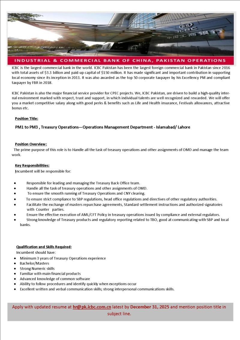 ICBC Ltd Pakistan Operations Jobs PM1 to PM3 Treasury Operations 1