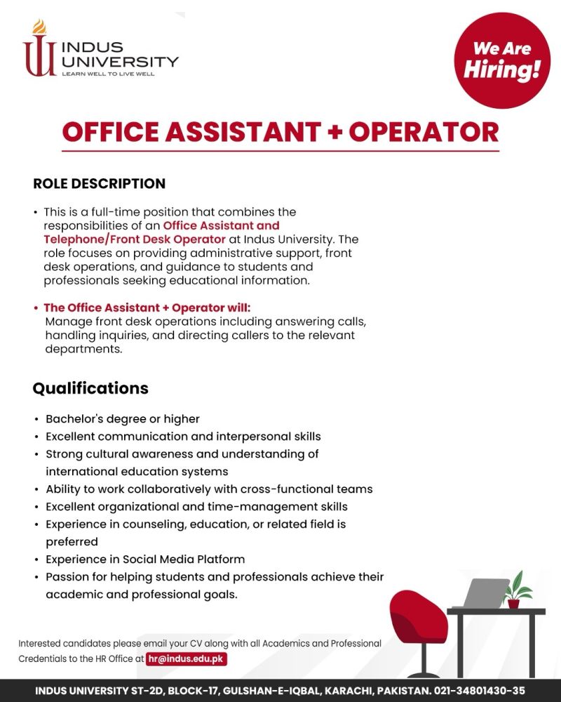 Indus University Jobs Office Assistant + Operator 1