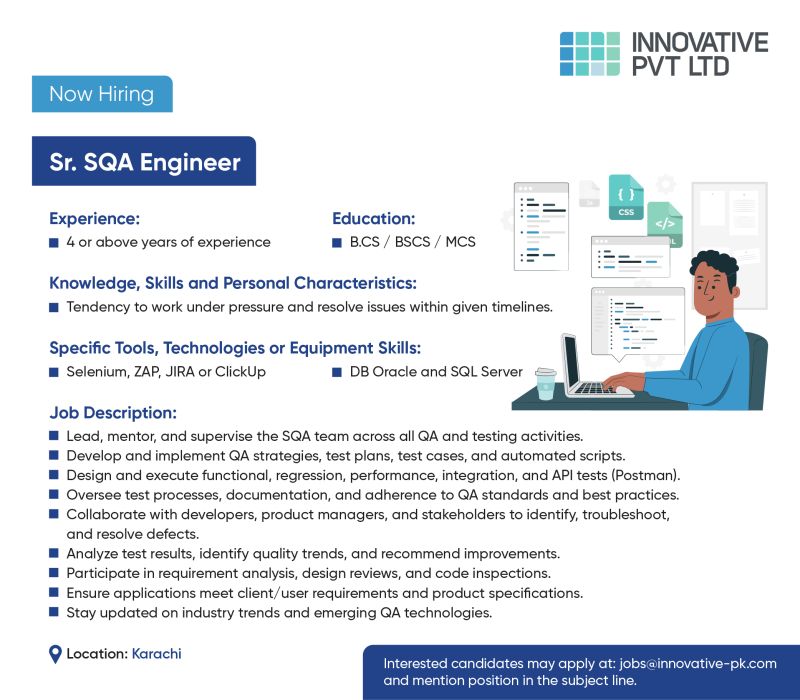 Innovative Pvt Ltd Jobs Sr SQA Engineer 1