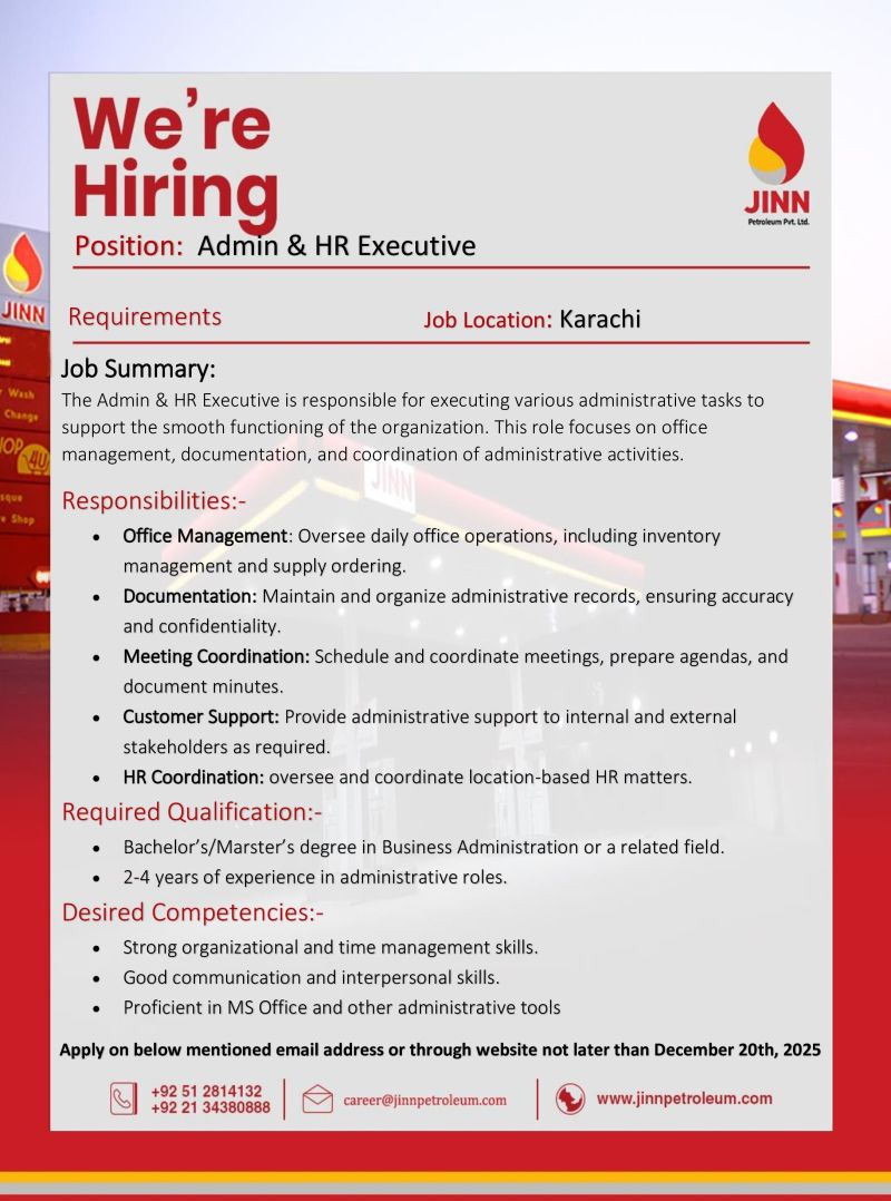 JINN Petroleum Pvt Ltd Jobs Admin & HR Executive 1
