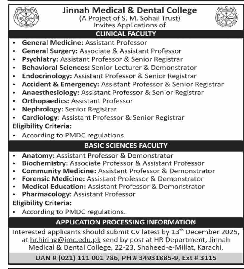 Jinnah Medical & Dental College Jobs 07 December 2025 Dawn 1