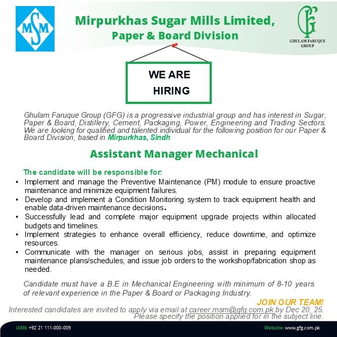 Mirpurkhas Sugar Mills Jobs Assistant Manager Mechanical 1
