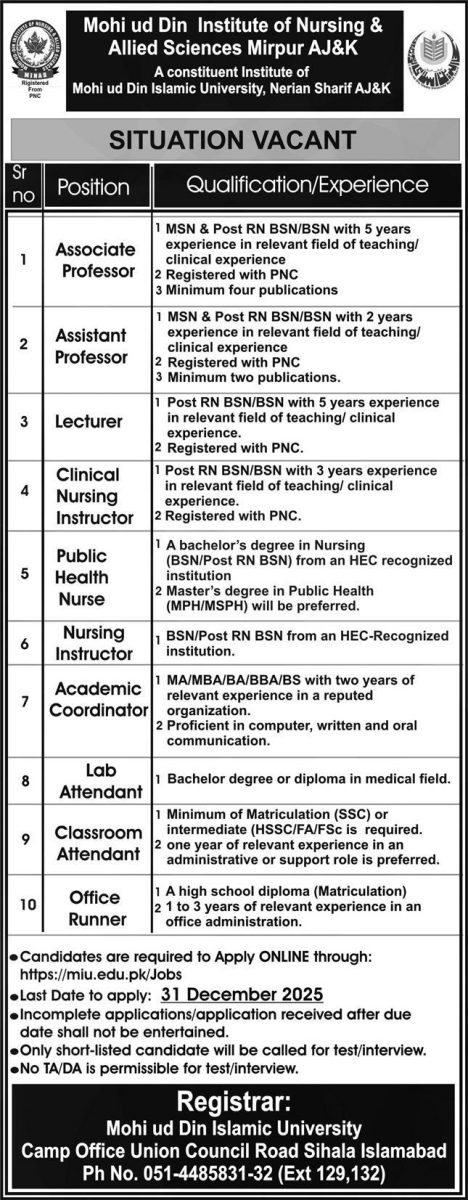 Mohi Ud Din Institute od Nursing & Allied Sciences Mirpur AJ&K Jobs 21 December 2025 Express 1