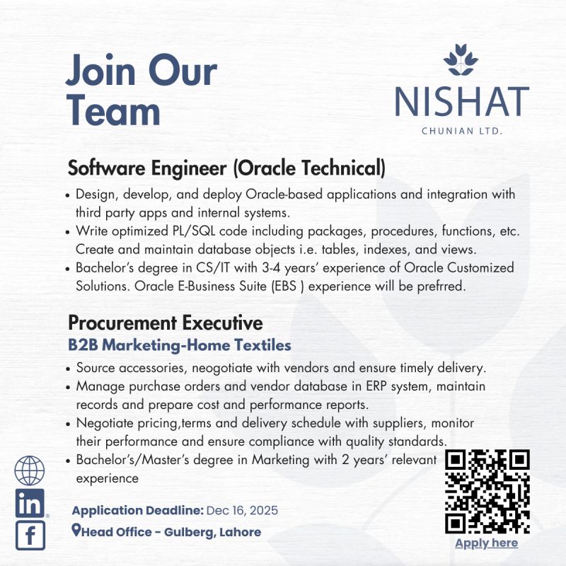 Nishat Chunian Limited Jobs Software Engineer 1