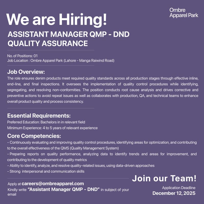 Ombre Apparel Park Jobs Assistant Manager QMP DND Quality Assurance 1