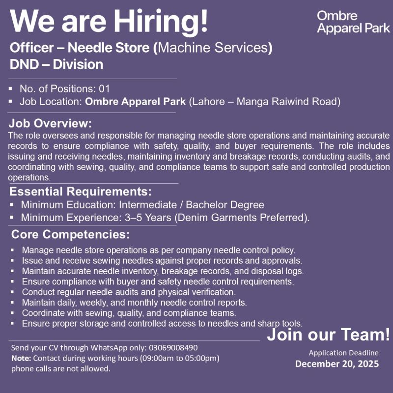 Ombre Apparel Park Jobs Officer Needle Store (Machine Services) 1