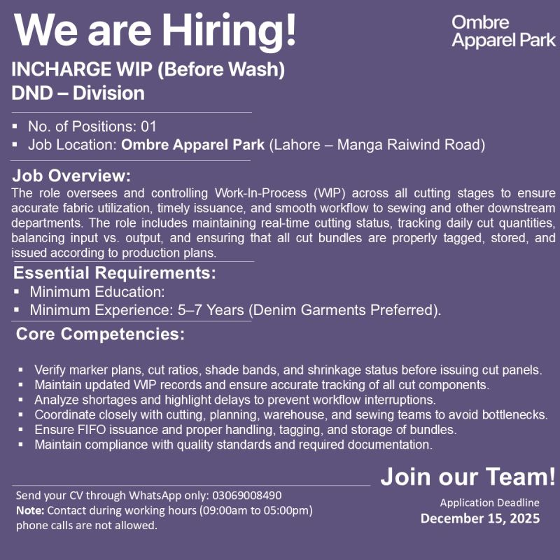 Ombre Apparel Park Jobs Incharge WIP 1