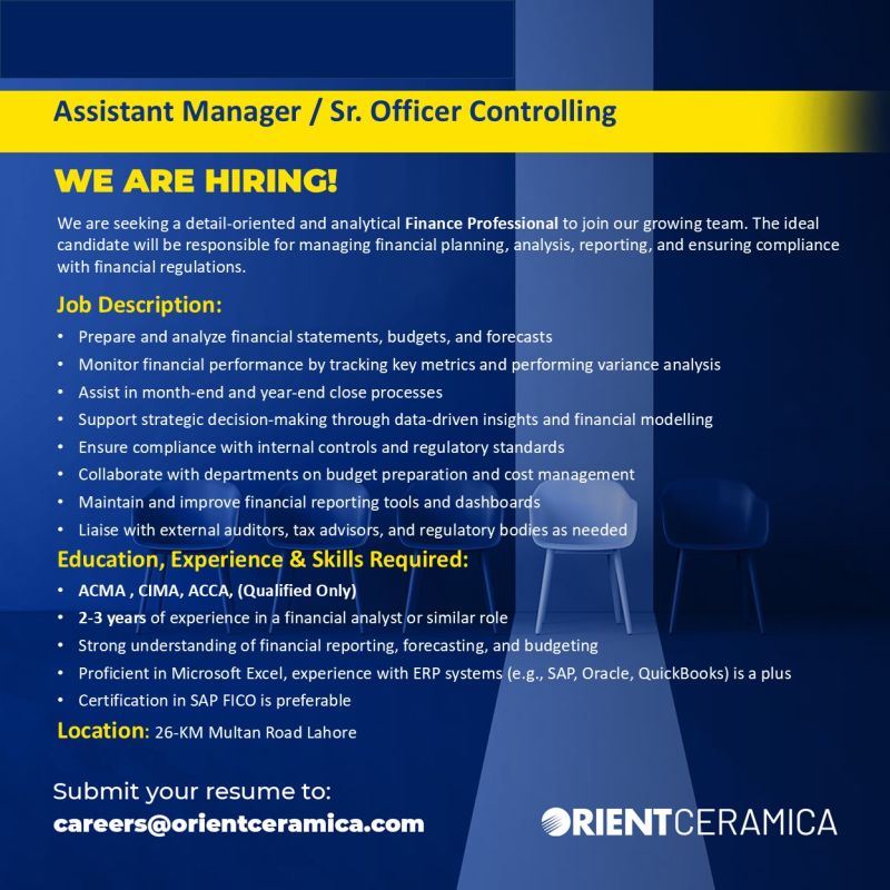 Orient Ceramics Jobs Assistant Manager / Sr Officer Controlling 1
